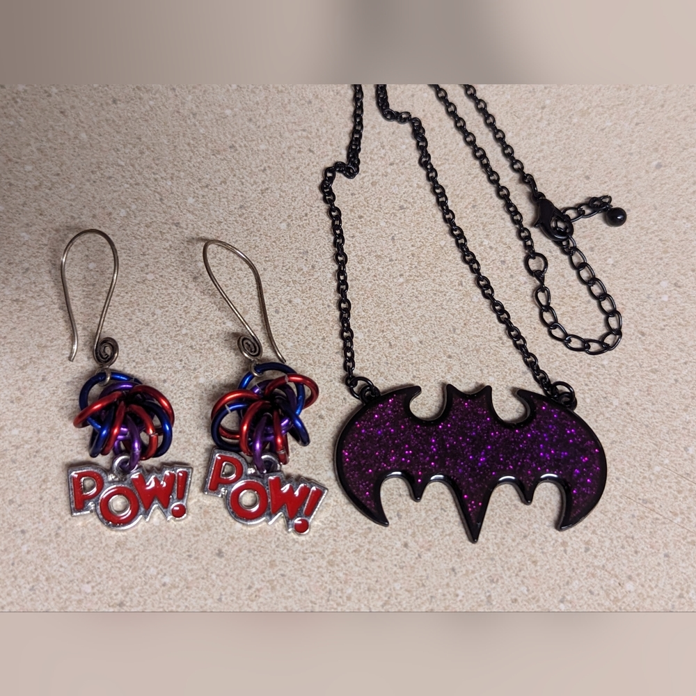 Batman Purple glitter necklace & superhero  earrings set